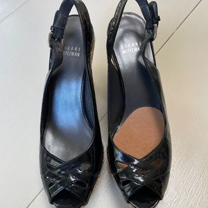 Stuart Weitzman Black Patent Leather Wedge Sandal with Sling Back Size 7-1/2
